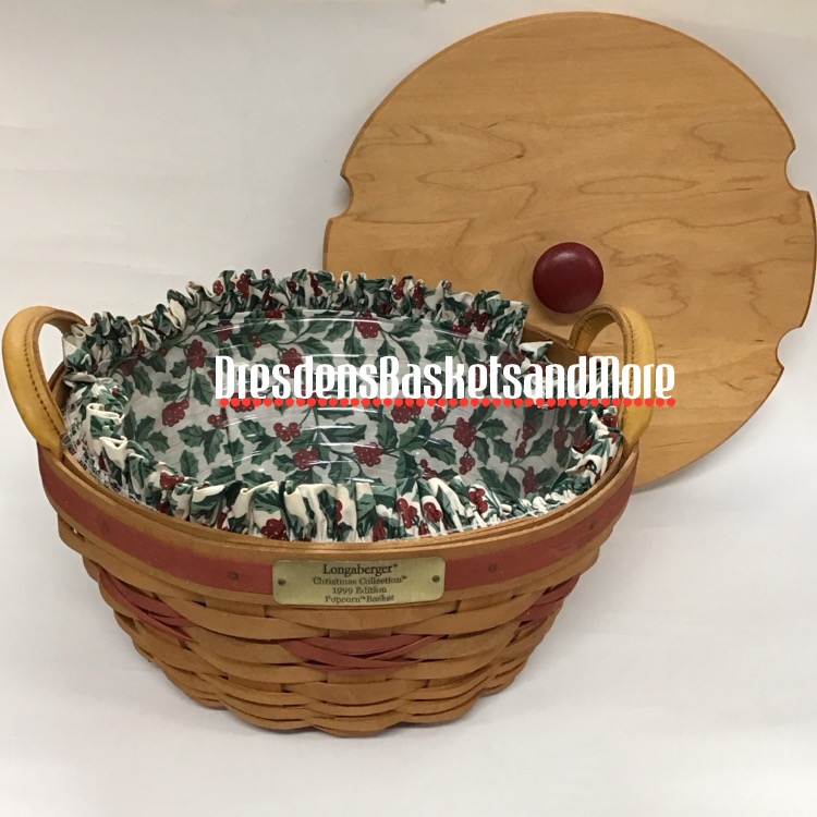 Longaberger 1999 Christmas Popcorn Red Basket Combo w/ Woodcrafts Lid*