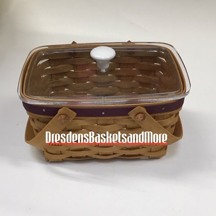 Longaberger 2003 Little Market Warm Brown/Purple Trim Basket w/Protector & Acrylic Lid