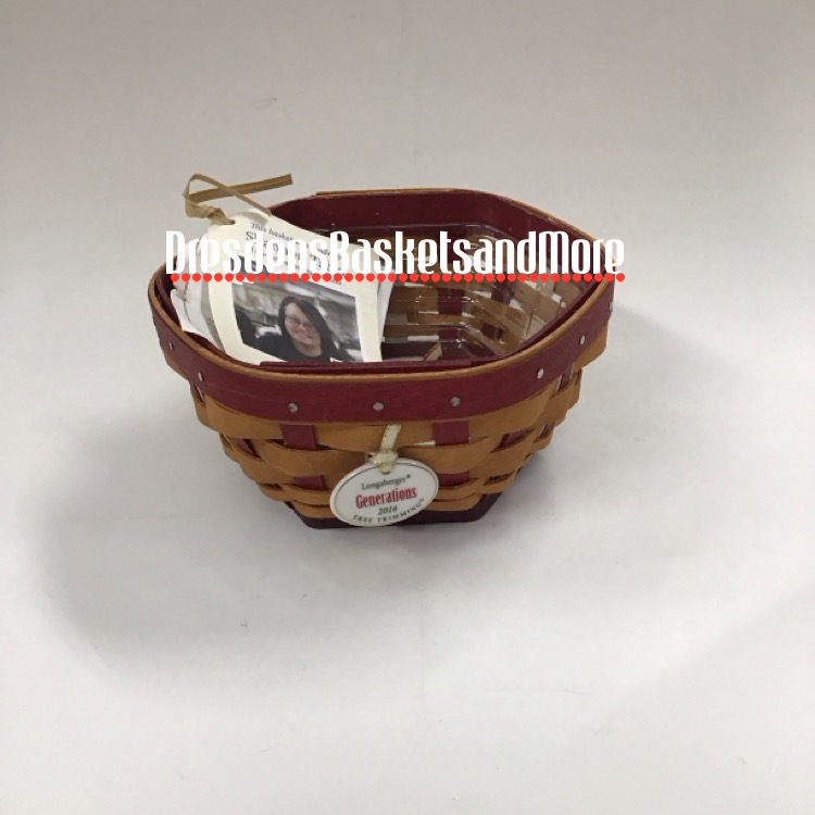 Longaberger 2016 Tree Trimming 6" Generations Warm Brown/Red Basket w/ Protector & Tie On