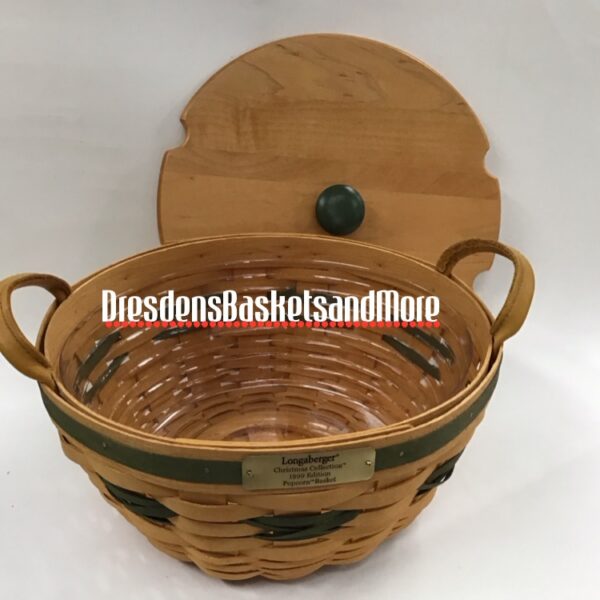Longaberger 1999 Christmas Popcorn Green Basket w/ Protector & Woodcrafts Lid*