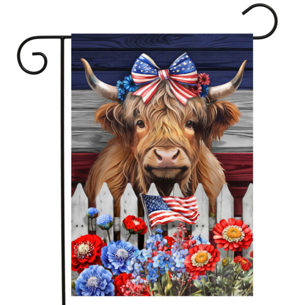 Patriotic Highland Cow Garden Flag