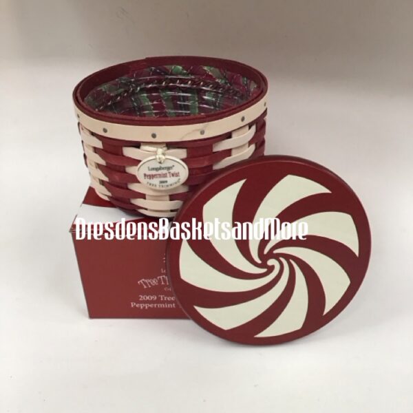 Longaberger 2009 Peppermint Twist Tree Trimming Red/White Basket Combo w/Lid