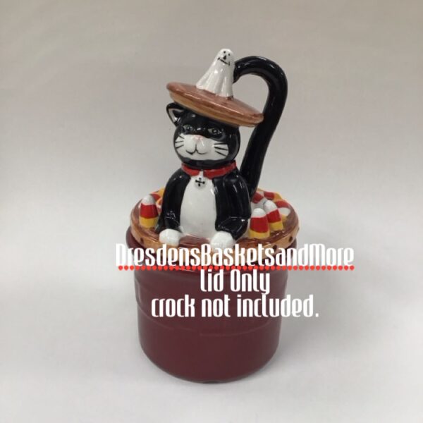 Pint Crock Lid From Homestead Cat w/Ghost and Candy Corn