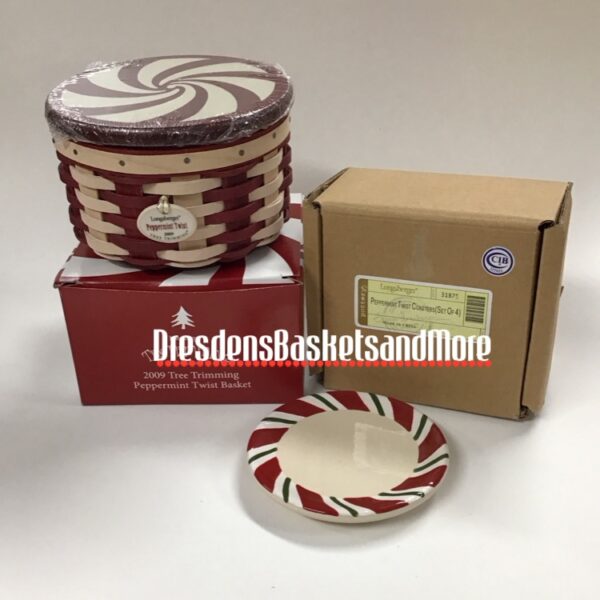 Longaberger 2009 Peppermint Twist Tree Trimming Red/White Basket Set w/ Peppermint Coasters NIB