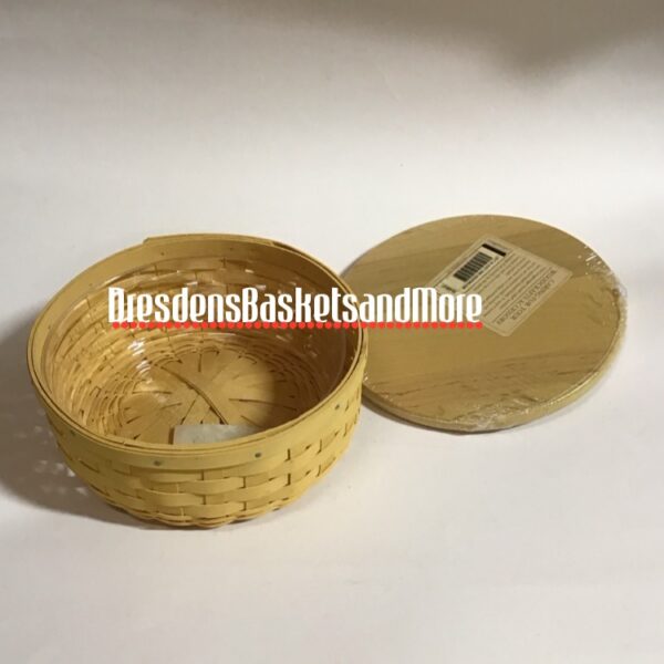 Longaberger 2007 7" Sunwashed Yellow Round Keeping Basket w/ Protector & Woodcrafts Lid